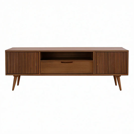 TV-bænk i valnøddebrun MDF med 2 låger, skuffe og åbent rum, 180 x 40 x 60 cm