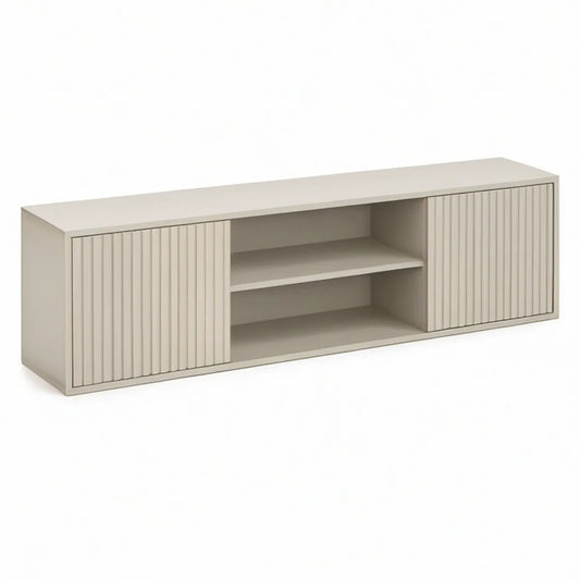 Beige TV-bord med 2 riflede skydedøre og 2 hylder, 120 x 40 x 45 cm