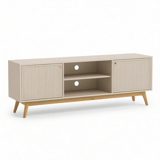 TV-bænk i beige og naturfarvet træ med 2 låger og åbne rum, 140 x 40 x 60 cm